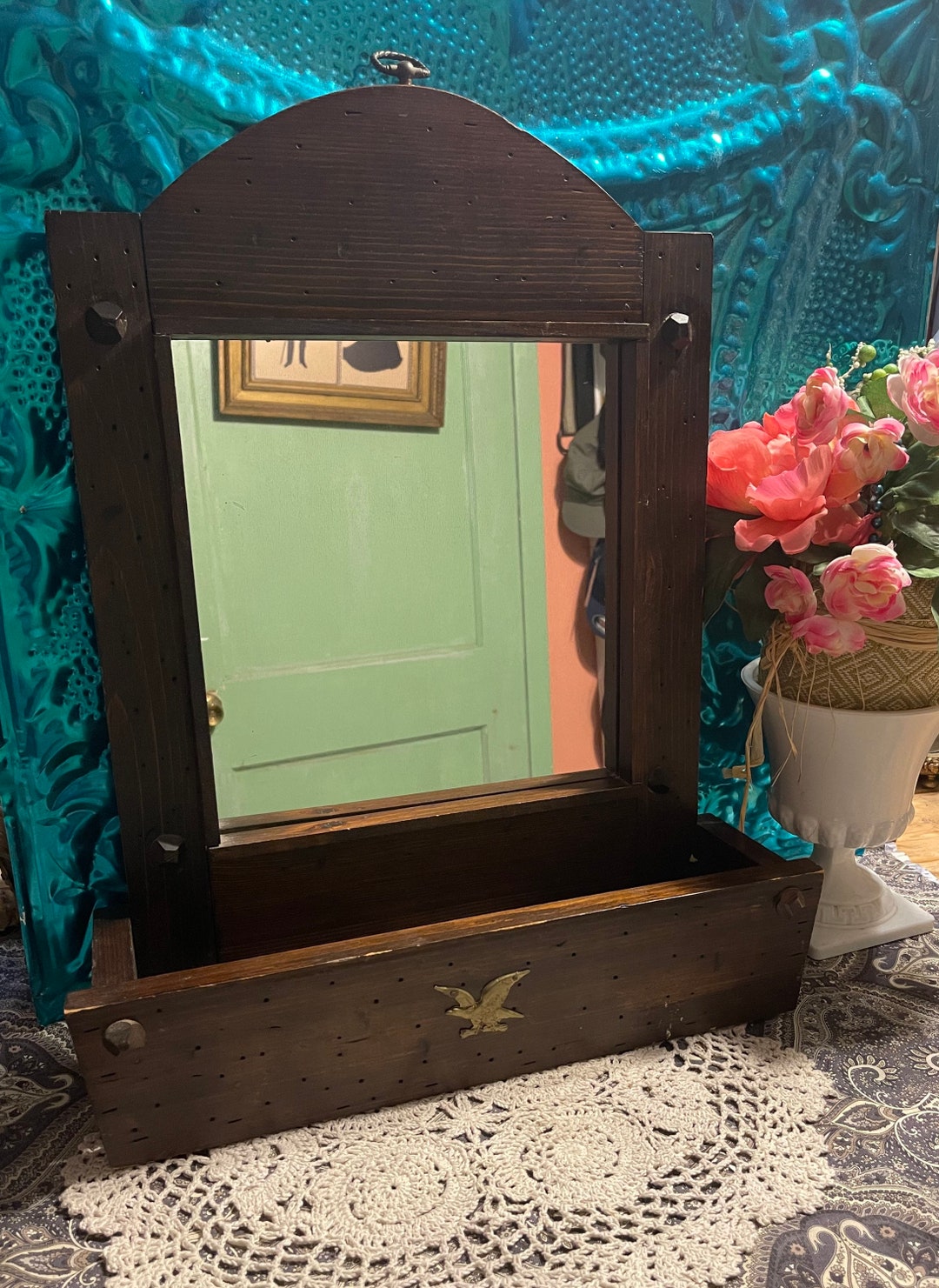Vintage Aged Wood Vanity Table Mirror With Open Box Shelf Metal Eagle