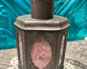 Vintage or antique ornate Chinese pewter tea caddy with pictures behind glass- aged