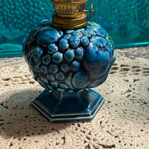 Vintage small Japan ceramic blue oil lamp base- no chimney