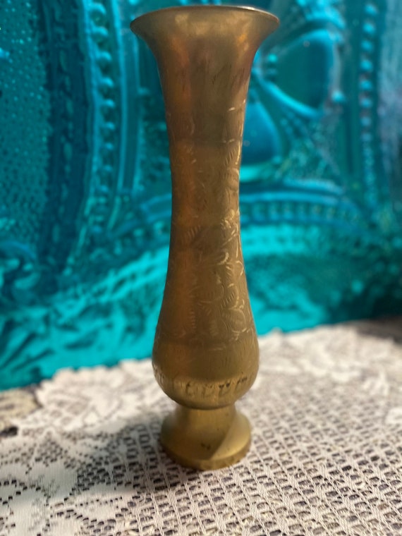 Vintage Tall Brass Vase With Etched Flower Details 12 Inches 