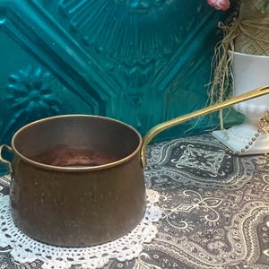 Vintage rustic copper pot with  long brass handle-aged - made in Portugal