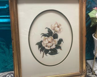 Vintage ornate wood framed matted flower painting on unique background- aged - wear to the frame