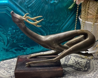 Vintage heavy artist signed bronze-  brass deer - reindeer on aged wood base - imperfection