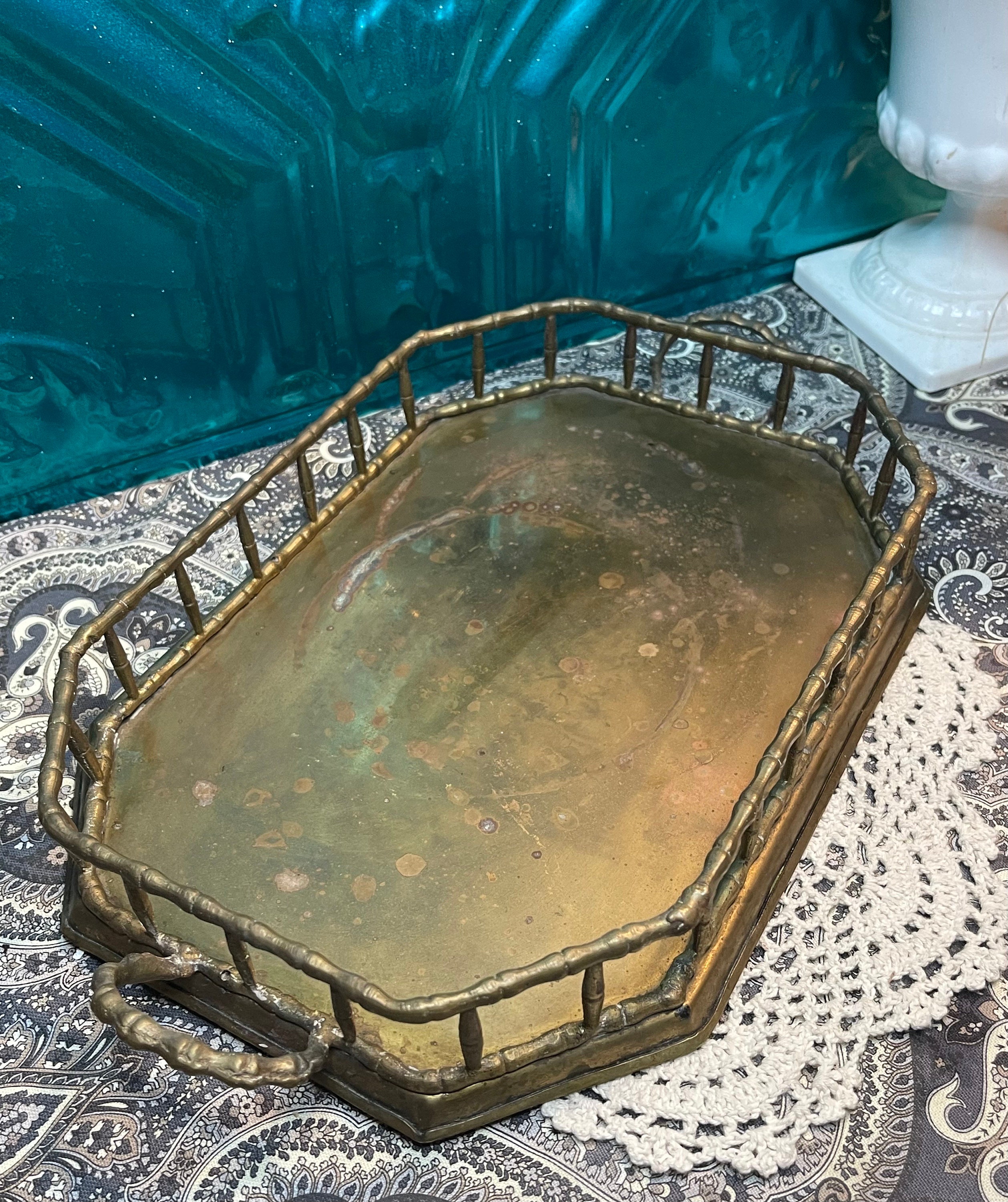Lot #83 - Vintage Hollywood Regency Faux Bamboo Brass Tray