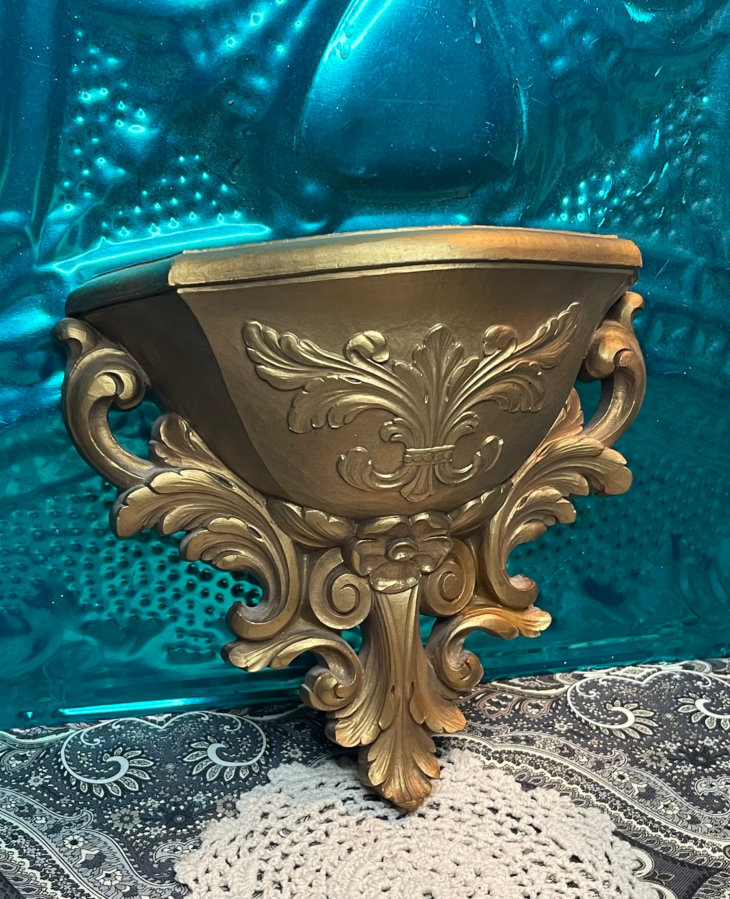 Vintage Ornate Plastic Gold Colored Wall Planter Wall Pocket
