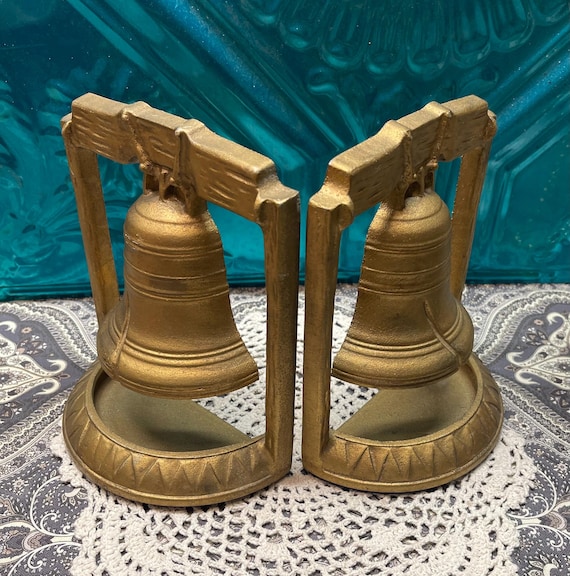 Vintage Gold Painted Lightweight Cast Metal Liberty Bell Bookends