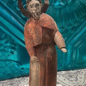 Antique wood carved Saint - santos religious statue with metal halo - aged - wear