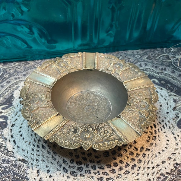 Vintage large brass ashtray with floral details- aged