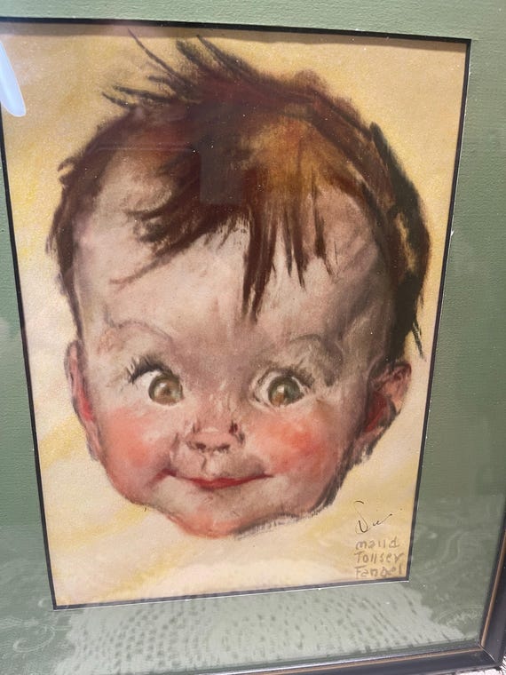 絵画 BABY BABY Vintage 1930's Plastic Framed Signed Lithograph Print of Baby