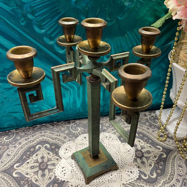 Vintage unique purposely verdigris finish brass candelabra- made in Israel- aged
