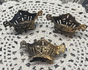 Vintage set of 3 miniature 2.5 inches with handles - dollhouse ornate metal Jardiniere planters- made in France - baroque style- aged