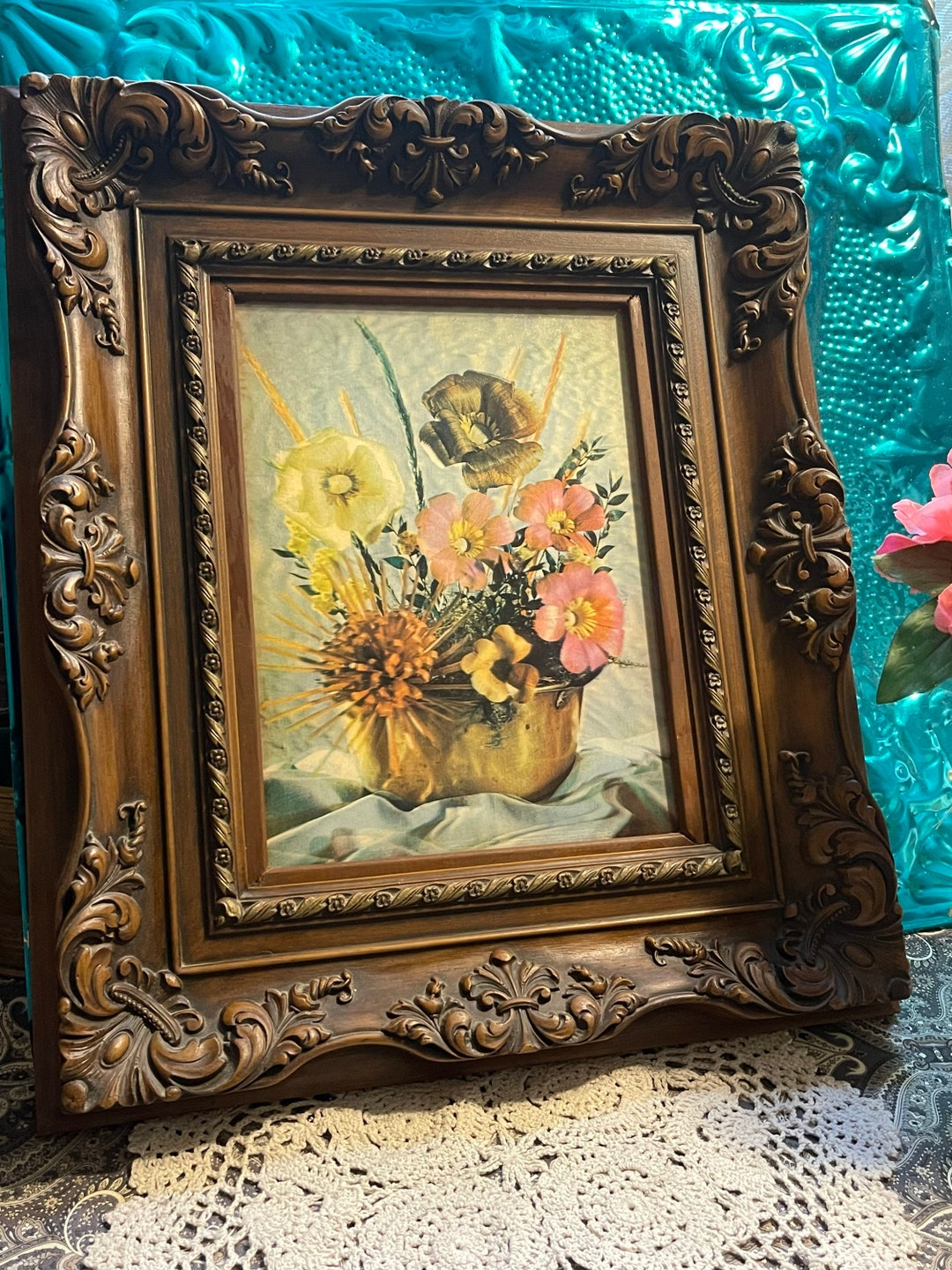 Vintage Lenticular lentograph Flower Picture in Ornate Plastic Frame 21