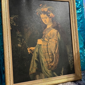 Vintage gilded wood framed textured reproduction print - worn hanging tassel aged - no glass