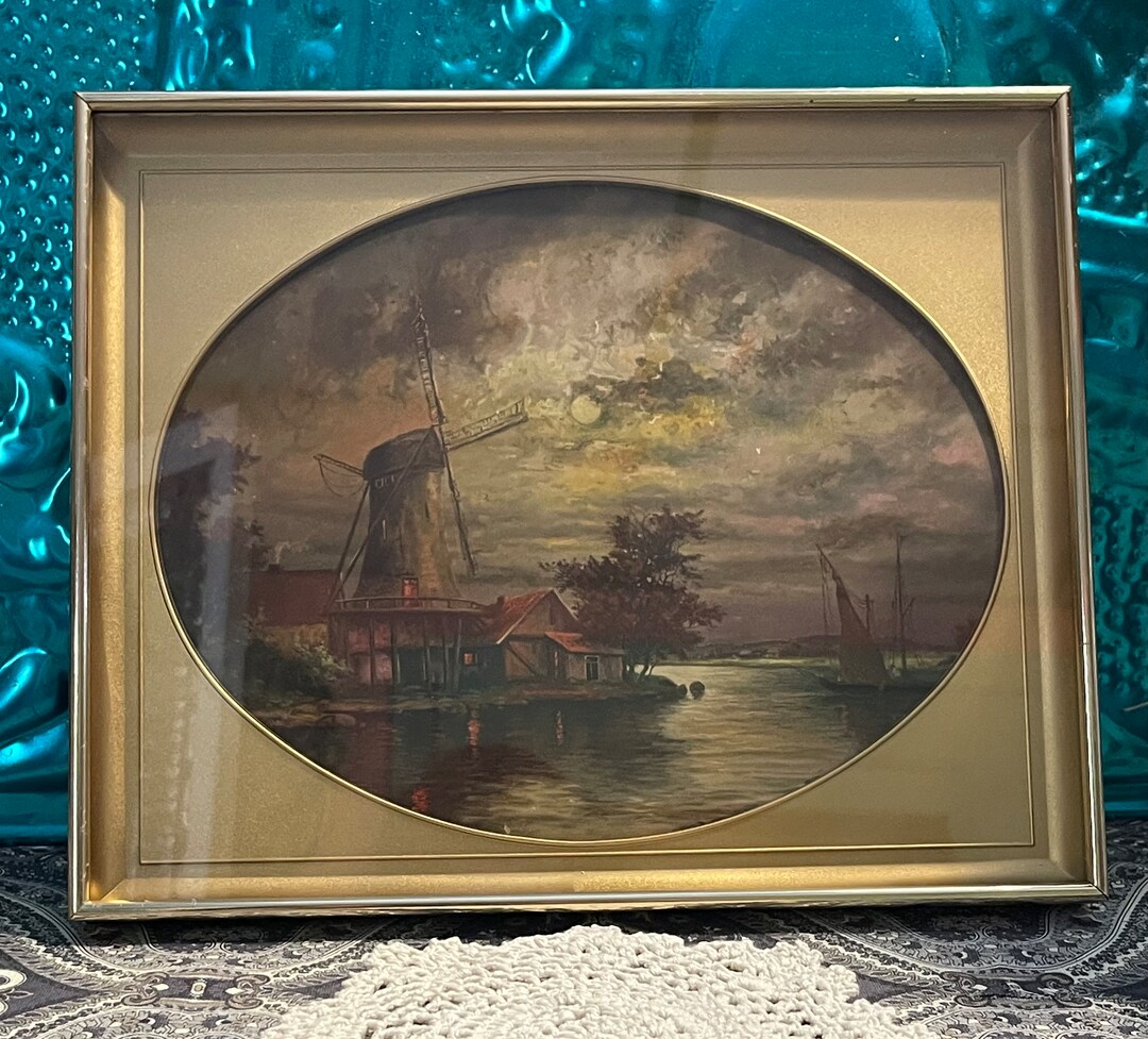 Vintage Gold Tone Metal Shadow Box Frame With Clearly Aged Print