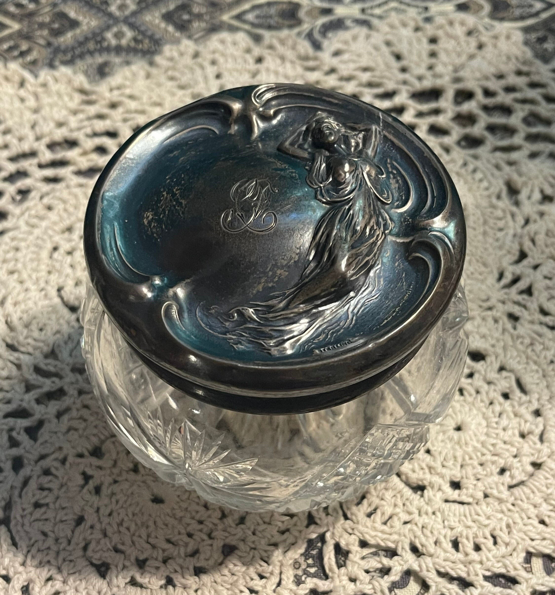 ELEGANT Engraved Art Deco Sterling Silver and Cut Glass Vanity Jar,No -  Ruby Lane