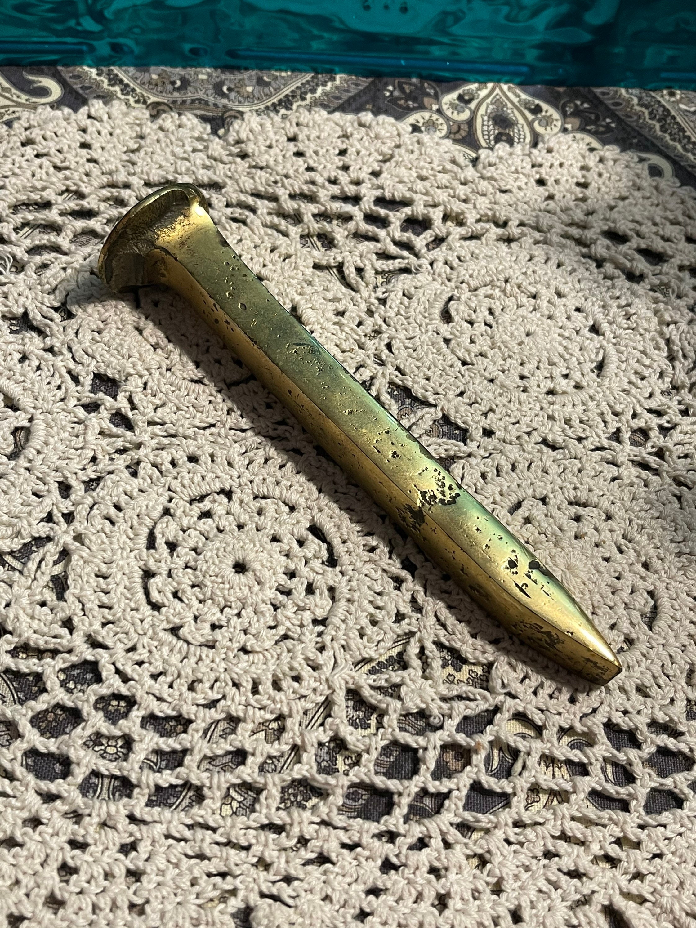 Vintage Brass Plated Railroad Spike Paperweight -  Finland