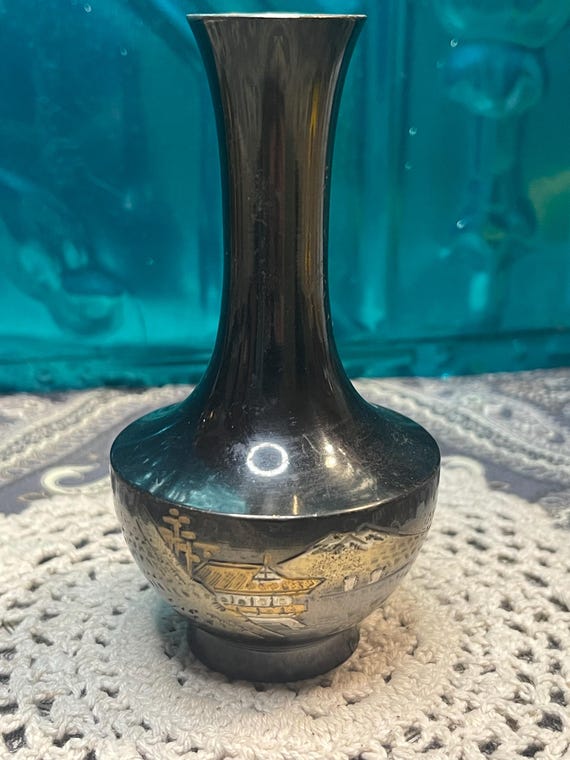 花瓶・フラワースタンド [60s-70s] Vintage Vase | Modern Japandi Vintage Small Mixed Metal Japanese Design Vase - Pagoda- Mountain