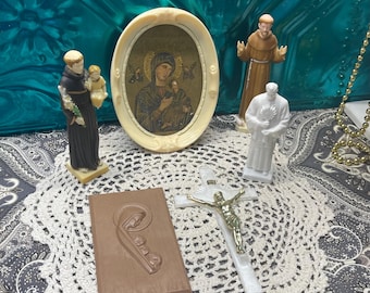 vintage religious plastic pieces lot of 6 - our lady of perpetual help - small statues- crucifix