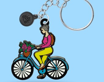 Keychain Bicycle girl bycicle - summer vibe - flowers - pins cute gift