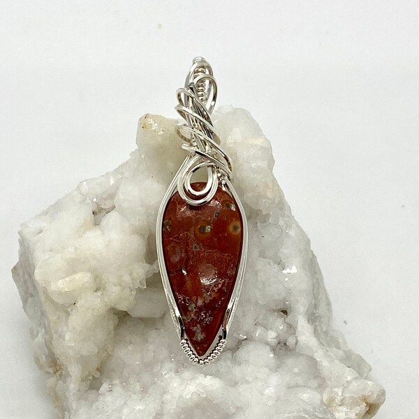 Red Poppy Jasper Gemstone Necklace, Wire Wrapped Jewelry, Sterling Silver Wire Wrapped Pendant, Red Gemstone Silver Jewelry, Artisan Made