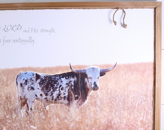 Framed Longhorn Cow Art Canvas Print with Scripture