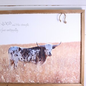 Cow Art Print with Scripture, Cow Wall Art on Canvas, Longhorn Cow Picture with Bible Verse, Farmhouse Wall Decor, Cow Decor