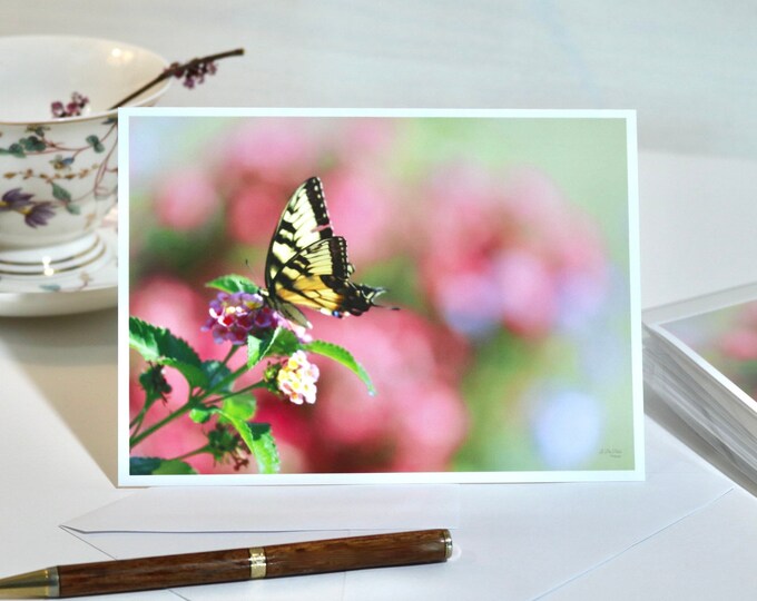 Luminescent Butterfly Cards Set of 6, Butterfly Stationery w Envelopes, Big Yellow Swallowtail Butterfly Note Card