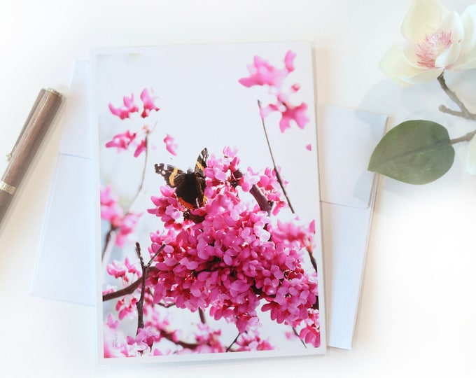 Pink Flowering Tree and Butterfly Blank Cards • Redbud Tree Note Cards • Flower Photography Art • Boxed Stationery Set of 6, with Envelopes