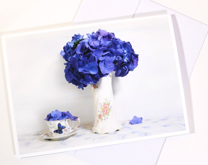Sapphire Blue Hydrangea Notecard • Set of Six (6) Blank Cards w/ Envelopes • Hydrangea Bouquet & Butterfly Teacup Stationery