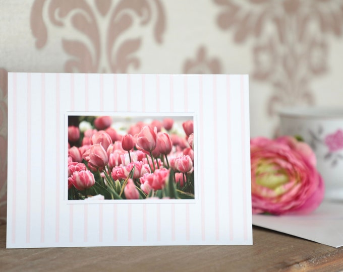 Tulip Note Card Set with Pink Stripes, Pink Floral Stationery Set with Envelopes, 4x6 Notecards, Tulip Art, Blank Invitations
