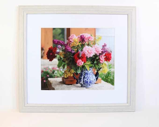 Country Roses & Blue Teapot Floral Picture | Rose Bouquet Framed Art Print | Country Roses Wall Decor | French Country Cottage Decor
