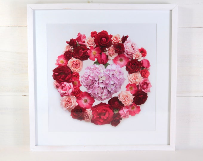 Valentine Rose Wreath Hydrangea Framed Art • Country Roses & Heart Hydrangea 14"x 14" Valentine's Decor • Fine Art Framed Photo