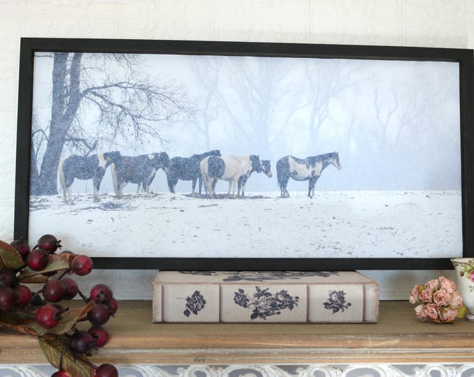 Snow Showers with Horses • Paint Horses in Snow Wall Art • Winter Wall Art with Horses • Framed Canvas Picture of Paint Horses