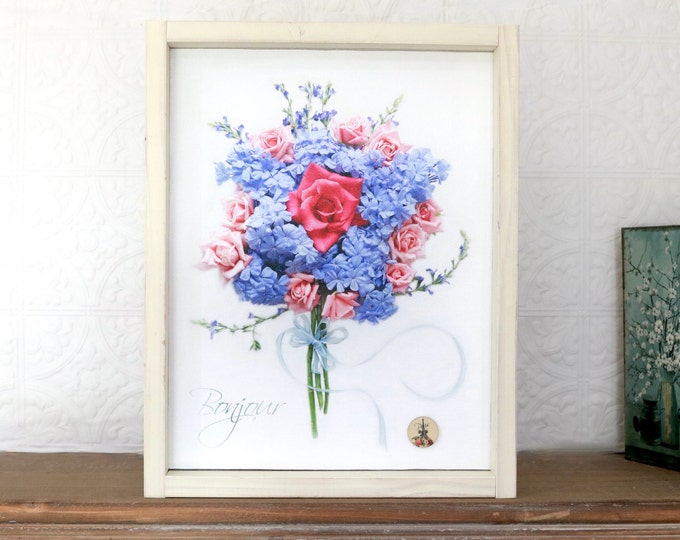 French Country Floral Canvas Picture, Sweet Bouquet of Blue Flowers and Pink Roses on Canvas, French Farmhouse Wall Decor by La Pea Patch