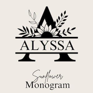 Monograma de girasol dividido svg, jpg, png, clipart de monograma floral, gráfico de letra de girasol, paquete de alfabeto, monograma de nombre, uso comercial