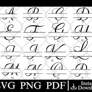 May include: A black and white image of 16 different cursive letter designs. Each letter is split in half by a horizontal line. The letters are A through P.