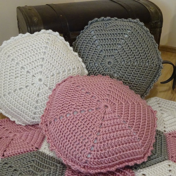 Crocheté, oreillers, rond, salon, chambre d’enfants, chambre de bébé, rose, vert, gris, blanc, avec garniture, diamants, lavable, ludique, fait à la main