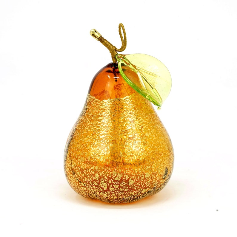 Murano Glass geblasene Birne mit Goldfolie, Ornament, Made in Italy, Geschenkidee Amber