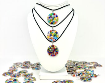 Millefiori Glass Round Disc Pendant Necklace, Multi Color, Silver
