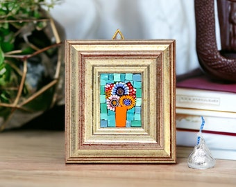 Miniature Framed Glass Floral Mosaic Art, Murano Glass, Aqua, Made in Italy