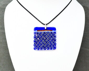 Murano Glass Millefiori Mosaic Blue Square Pendant, Gift Idea