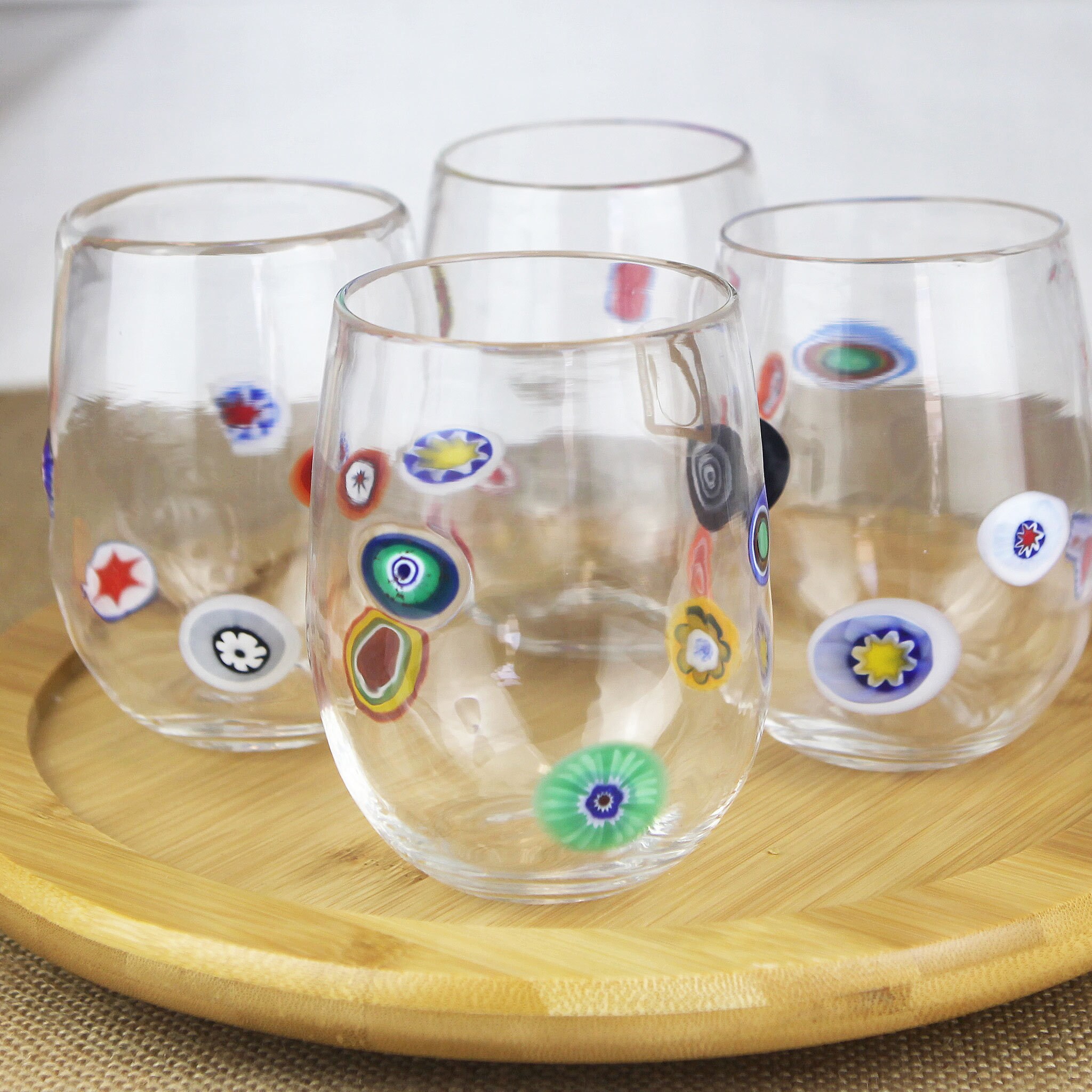 Murano Hand Blown Millefiori Bubbles Drinking Glass Set of 2 Mint