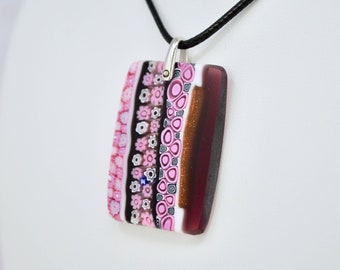 Murano Glass Millefiori Micro Mosaic Rectangle Pendant, Pink, Gift Idea