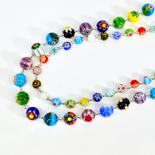 Collier de perles Millefiori en verre de Murano, Choisissez votre taille, Fabriqué en Italie