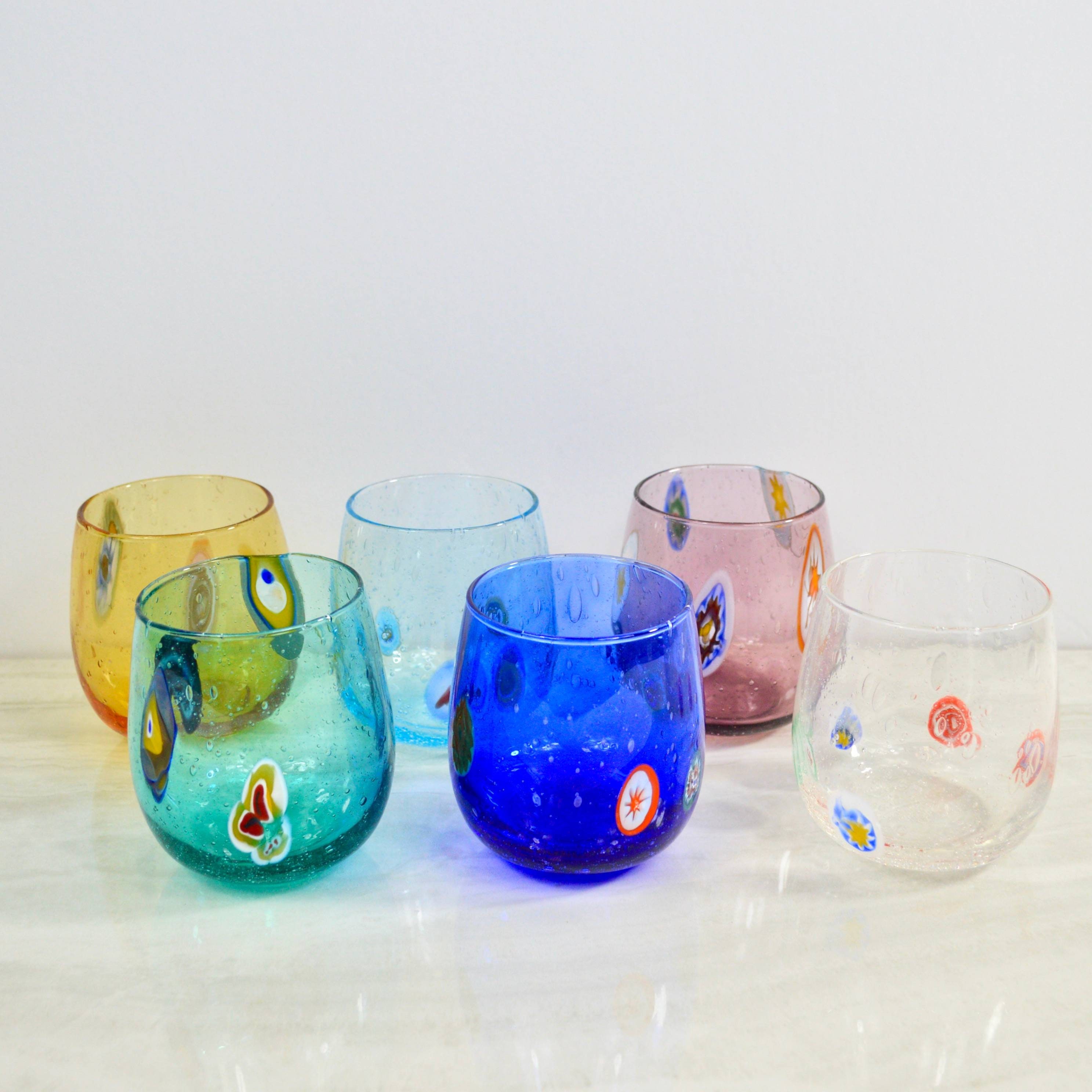 Murano Style Rainbow Millefiori Tumbler Glasses Set Of 6