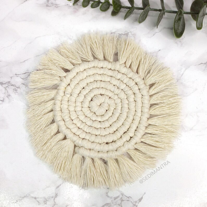 Recycled Cotton Boho Interior Plant Mat Handmade Bohemian House Rustic style Gift Macrame Coasters Chunky Decor Macrame