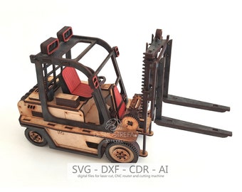 Pliki cyfrowe, drewniany model 3D-wózek widłowy, szablon wycinany laserowo, CDR, DXF, dekoracja, drewniany konstruktor, sklejka 3mm