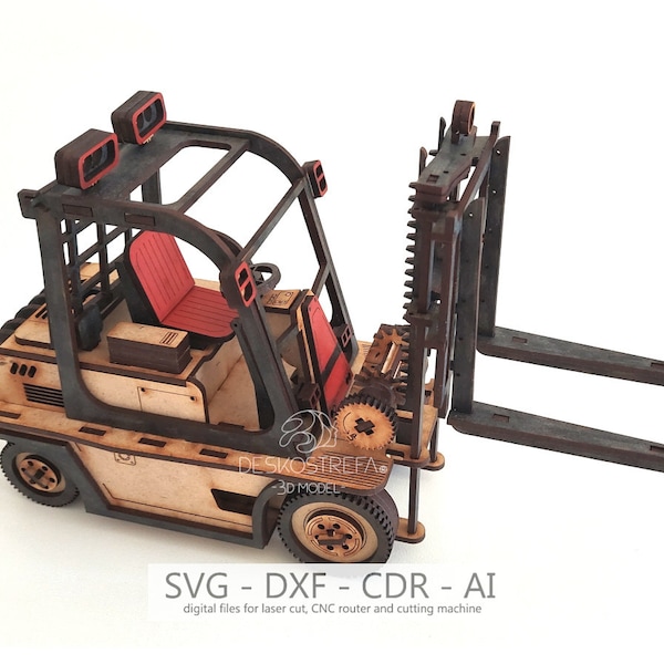 Pliki cyfrowe, drewniany model 3D-wózek widłowy, szablon wycinany laserowo, CDR, DXF, dekoracja, drewniany konstruktor, sklejka 3mm