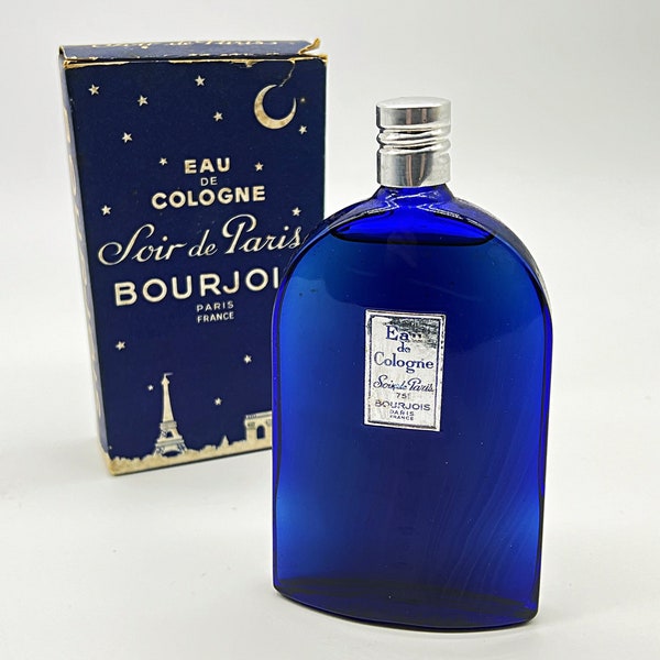 Soir de Paris (1928) de Bourjois, eau de Cologne 125 ml/1/8 L Splash (pas de spray) extrêmement rare, vintage, boîte d'origine, parfum de collection