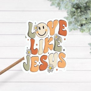 Pegatina de vinilo laminado impermeable Love Like Jesus, pegatina cristiana estilo Groovy Font Retro 70, calcomanía de la Escuela Bíblica de Vacaciones